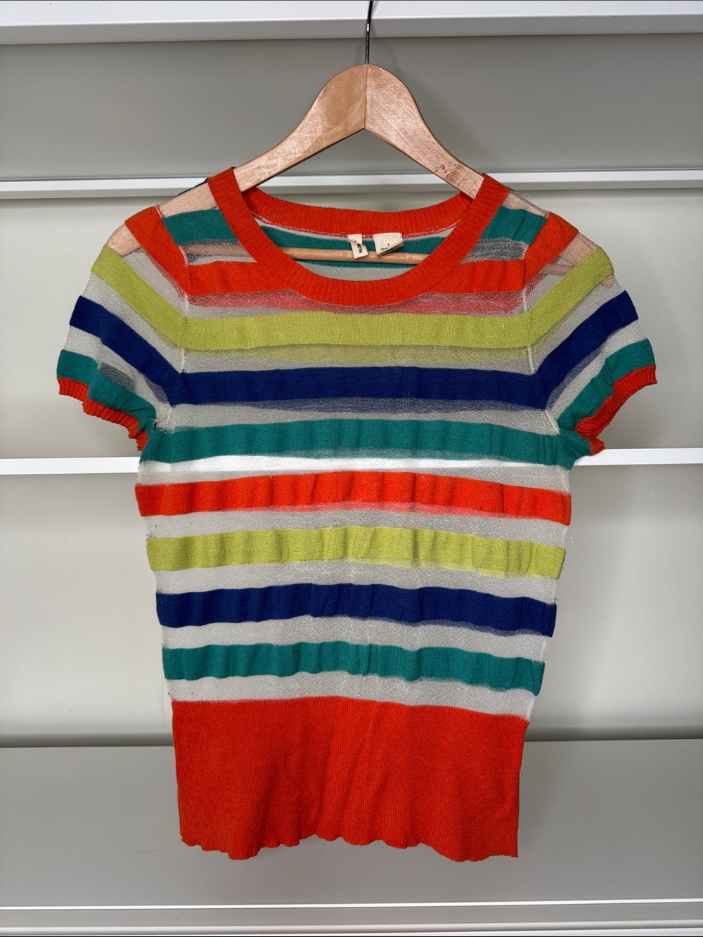 Moth Colorful Striped Short Sleeve Knit Top - S Multicolor